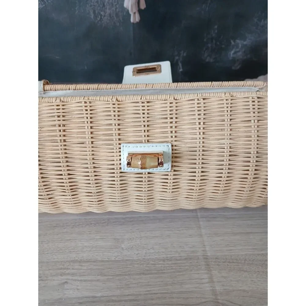 Tommy Bahama Woven Wicker Purse Clutch Bag New With Tags Turnlock Tan Cream - Picture 13 of 15